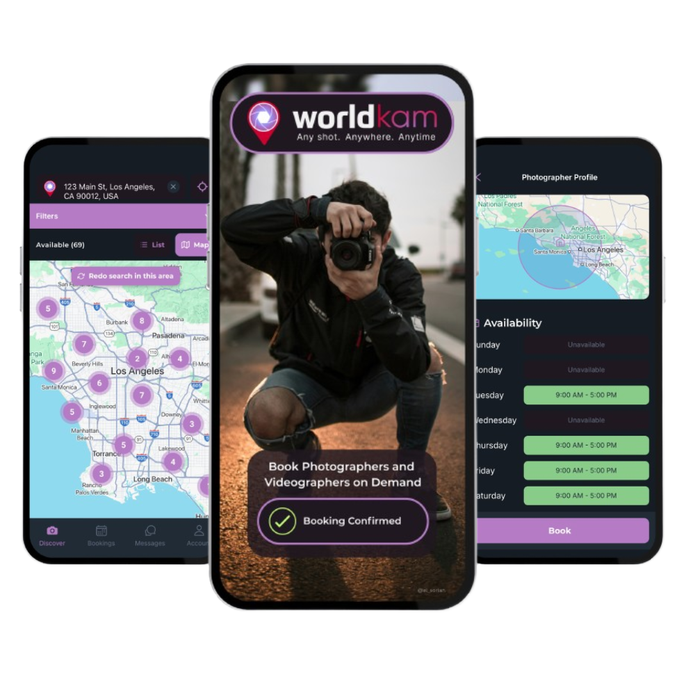WorldKam app — discover nearby pros, book on demand, and manage your bookings